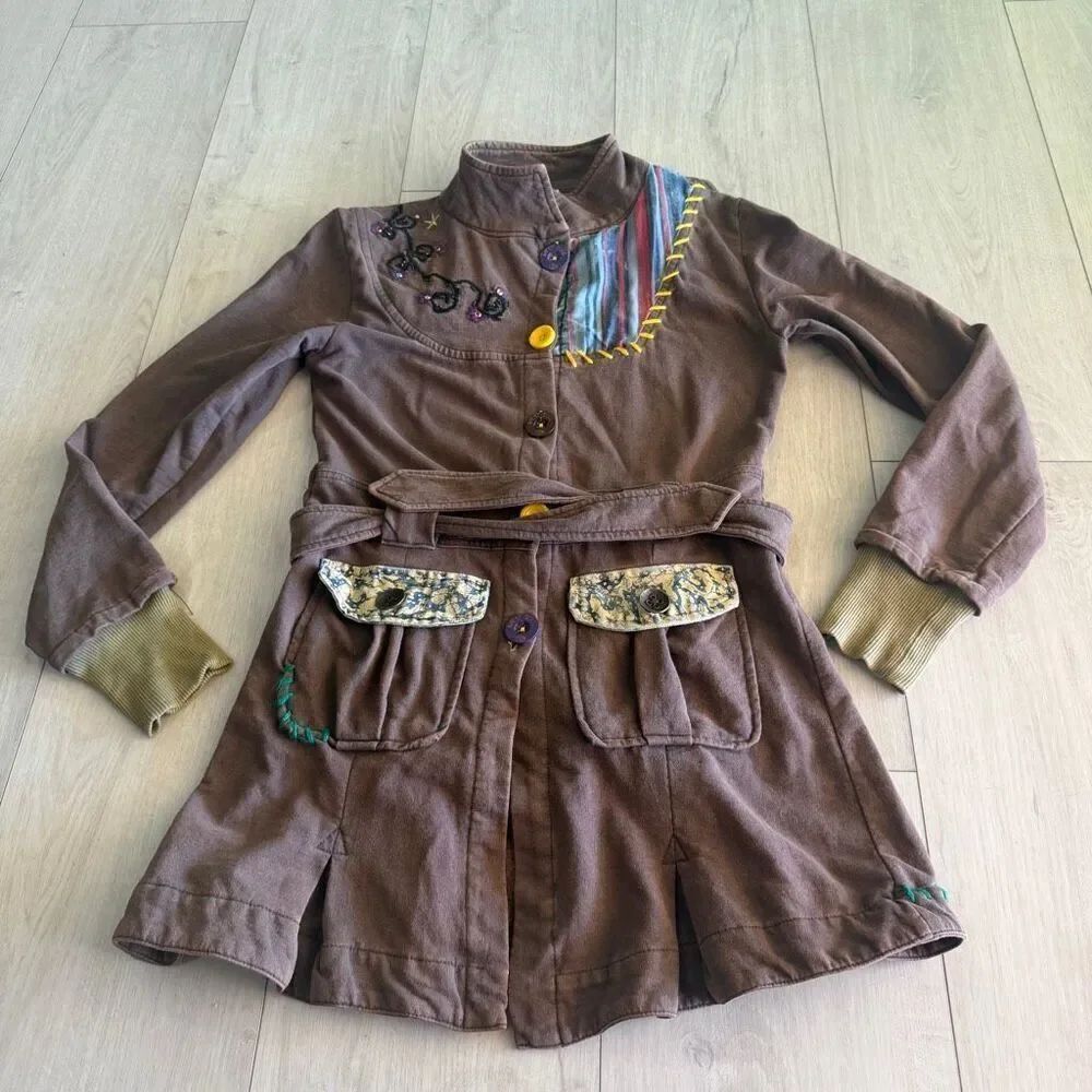 West Soul Brown Cotton Fleece Lined Hand Artist Embroidered jacket size xs